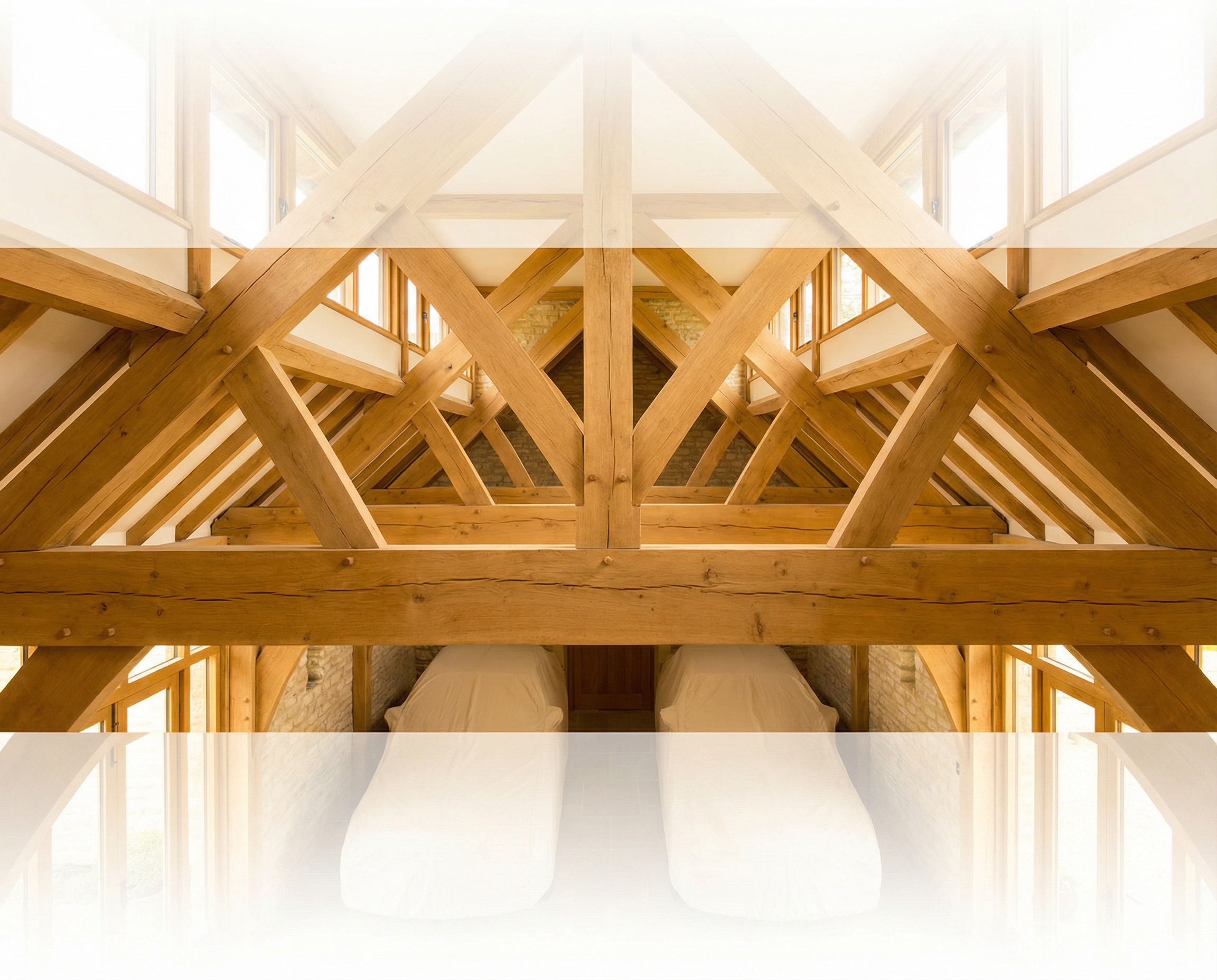 Oak timber king-post trusses in a barn