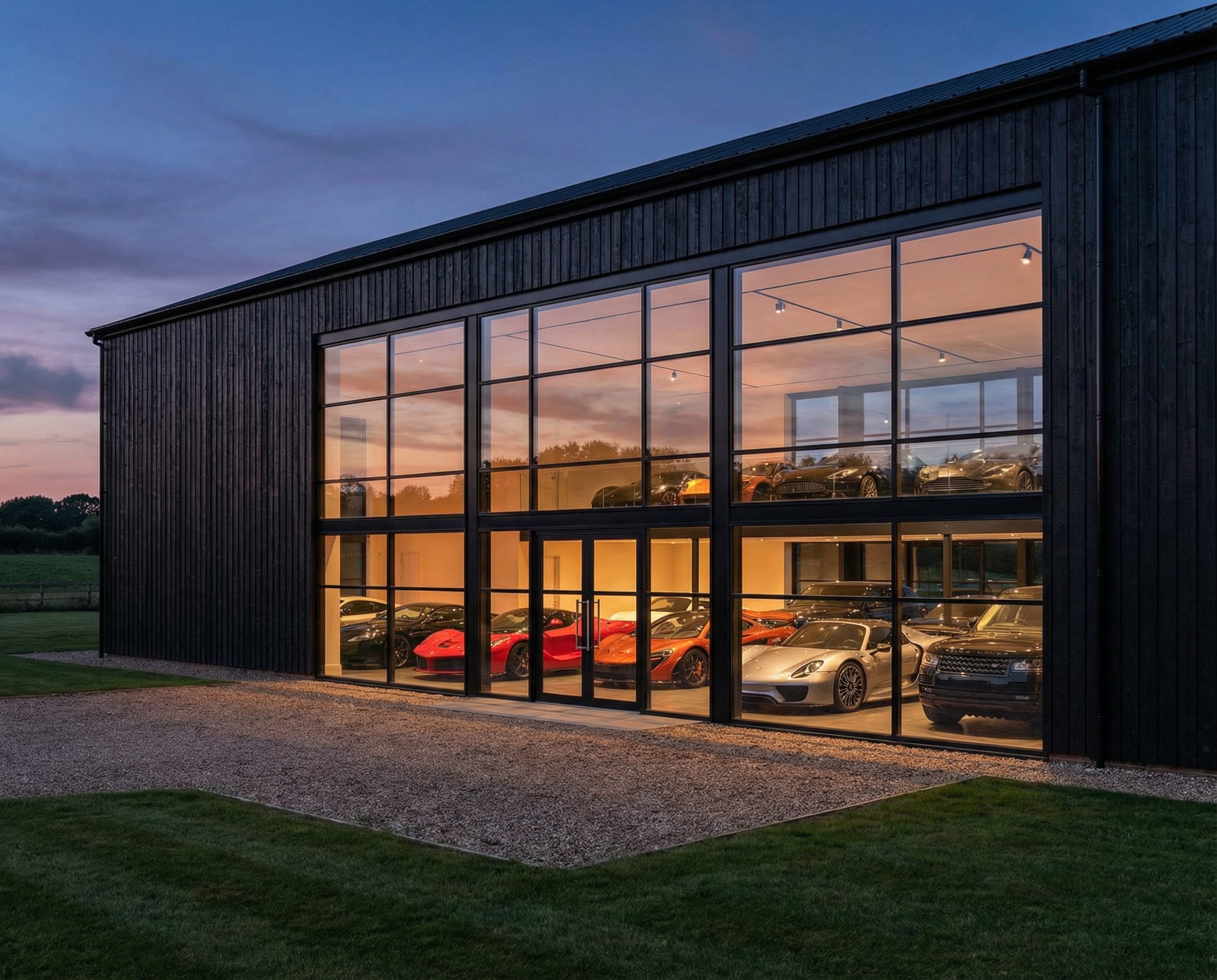 Modern glass-fronted vehicle storage barn at dusk