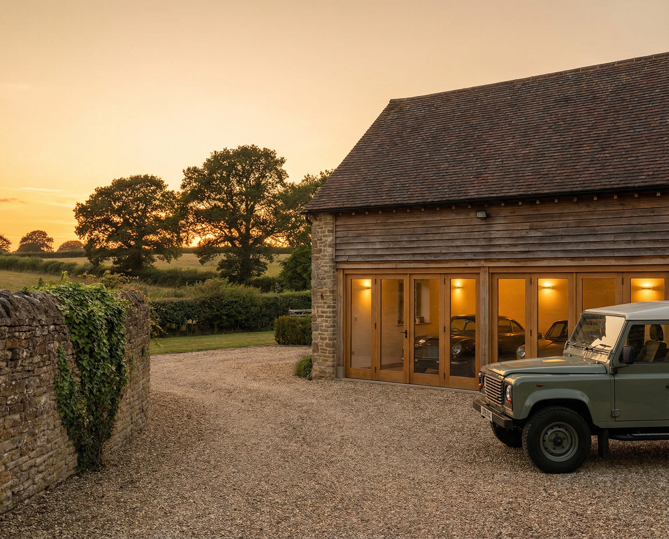 Converted timber barn with vehicles at golden hour